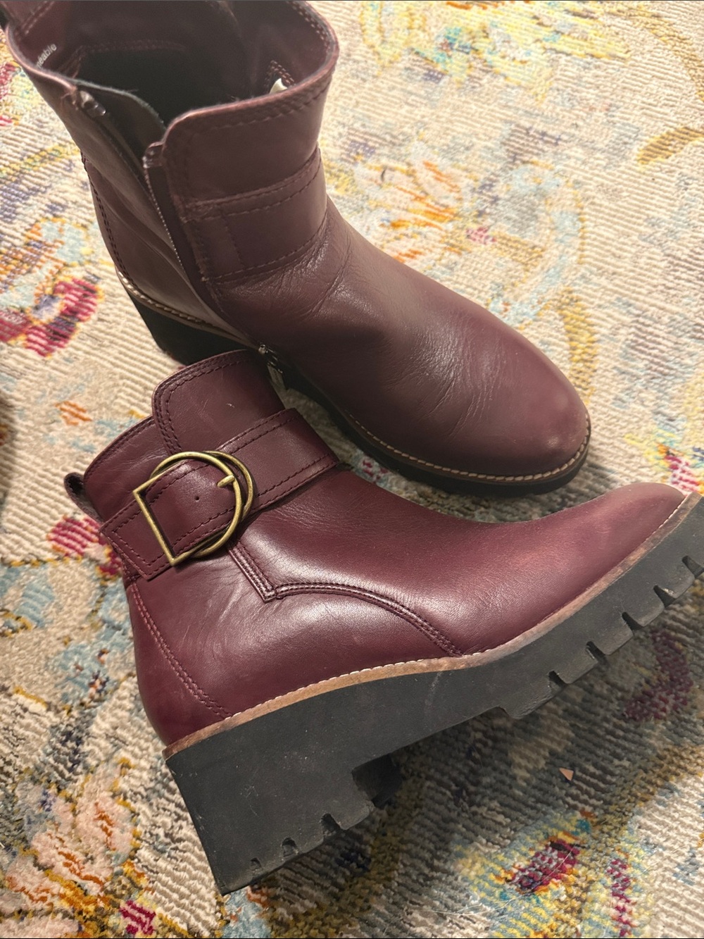 Blonde Women's Burgundy Leather Ankle Boots with Buckle